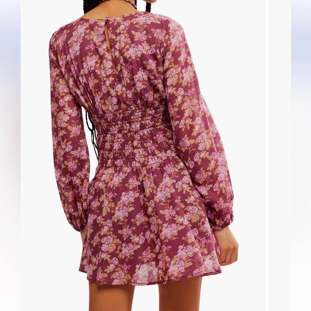 Free People Maive Long Sleeve Mauve ORANGE Floral Mini Dress Ruching NEW